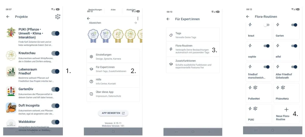 Vier nebeneinander angeordnete Screenshots der FloraIncognita App zeigen verschiedene Funktionen. Links sind mehrere Projekttitel mit kurzen Beschreibungen und Schaltern zu sehen. Im zweiten Screenshot werden Abzeichen mit Symbolen und Beschriftungen dargestellt. Der dritte Screenshot listet Optionen für Expert:Innien mit Auswahlfeldern und kurzen Erläuterungen. Rechts werden verschiedene Themen wie 'Garten', 'Wildnis' und 'Artenvielfalt' mit Symbolen angezeigt. Die Benutzeroberfläche ist klar strukturiert, die Schrift ist gut lesbar und die Symbole sind einfach gehalten.