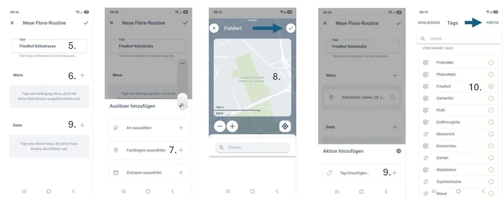 Vier nebeneinander angeordnete Screenshots der FloraIncognita App zeigen verschiedene Funktionen. Links sind mehrere Projekttitel mit kurzen Beschreibungen und Schaltern zu sehen. Im zweiten Screenshot werden Wenn-Auslöser mit Symbolen und Beschriftungen dargestellt. Der dritte Screenshot zeigt eine Landkarte. Rechts werden verschiedene Themen wie 'Garten', 'Wildnis' und 'Artenvielfalt' mit Symbolen angezeigt. Die Benutzeroberfläche ist klar strukturiert, die Schrift ist gut lesbar und die Symbole sind einfach gehalten.
