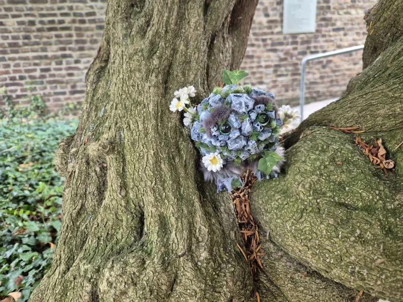 Im Vordergrund windet sich ein dicker, knorriger Baumstamm mit einer markanten Biegung. In der Vertiefung des Stamms steht eine Steintroll-Figur mit großen Augen. Aus den Steinporen wachen Blumen, Gras und Efeu. Im Hintergrund verläuft eine Mauer aus hellen, regelmäßig gesetzten Ziegelsteinen. Links unten bedeckt Efeu den Boden, rechts ist ein gepflasterter Weg zu sehen. Oben ragen grüne Blätter ins Bild.