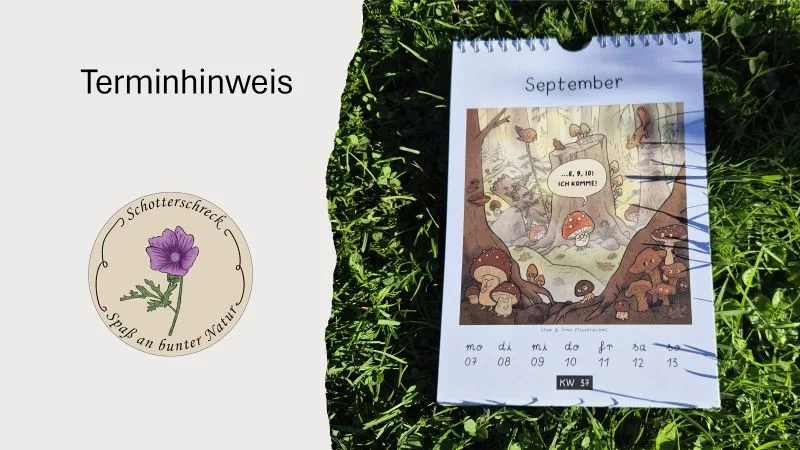 Das Bild beschreibt einen Hinweis auf einen Termin. Links steht groß der Text „Terminhinweis“. Darunter ist ein rundes Logo mit einer violetten Malvenblüte und dem Schriftzug: „Schotterschreck“ „Spaß an bunter Natur“ Rechts sieht man einen Kalenderblatt-Ausschnitt auf einer grünen Wiese mit dem Monat September aus dem Fuck Yea 2026 Kalender. KW 37 Bild von Stew & Timo (https://illustrie.com/) Auf dem Kalender ist eine Wald- und Pilzszene abgebildet. In einer Sprechblase steht über einem personifizierten Fliegenpilz: „… 8, 9, 10! Ich komme!“ Unten sind die Wochentage und Zahlen des Kalenders zu sehen.