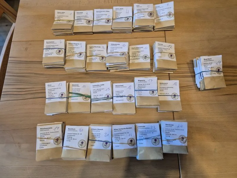 25 Stapel mit kleinen, braunen Papiertüten mit weißen Etiketten und handschriftlichen Zahlen liegen in Reihen auf einem Holztisch