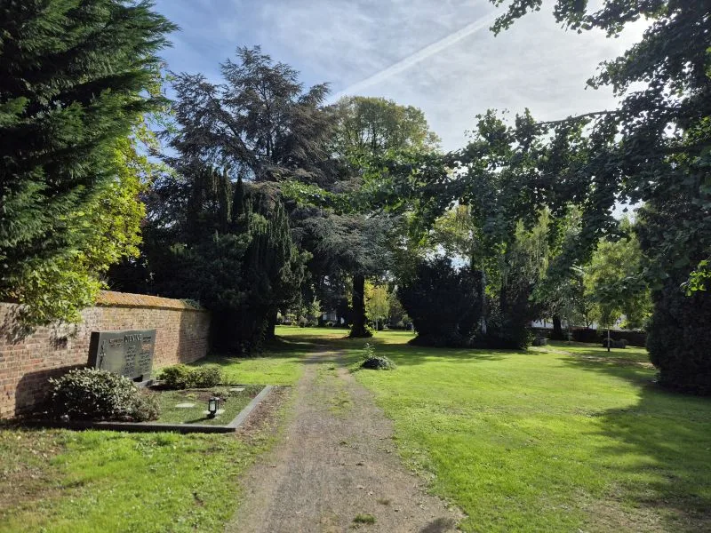 Weg auf einem Friedhof mit Grabsteinen links und großen Bäumen im Hintergrund
